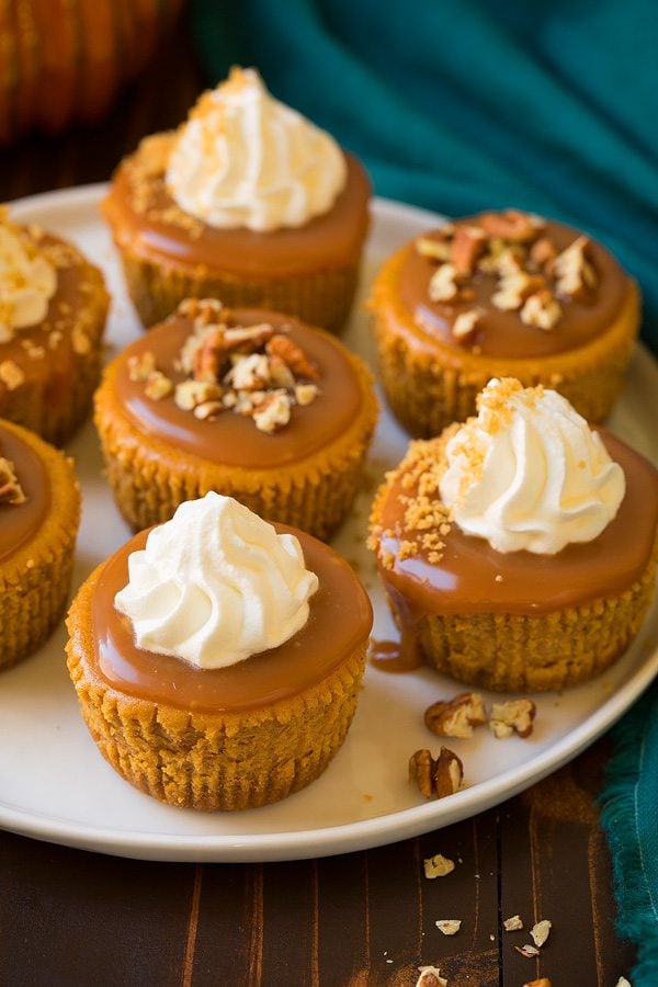 Mini Pumpkin Cheesecakes with Salted Caramel Sauce on a white serving plate. 