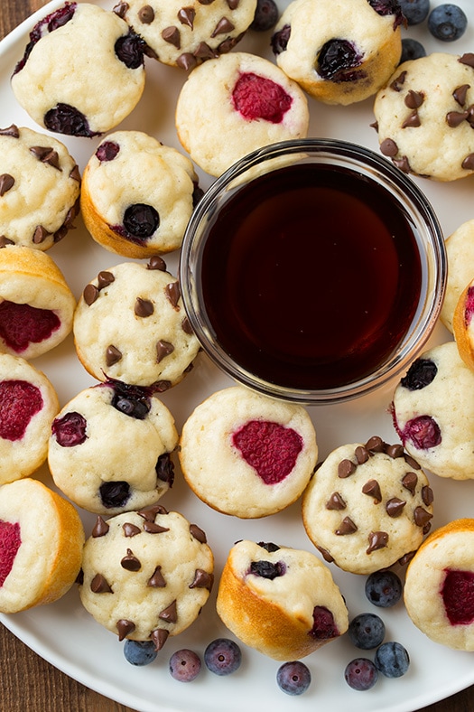 Mini Pancake Muffins on plate with bowl of maple syrup