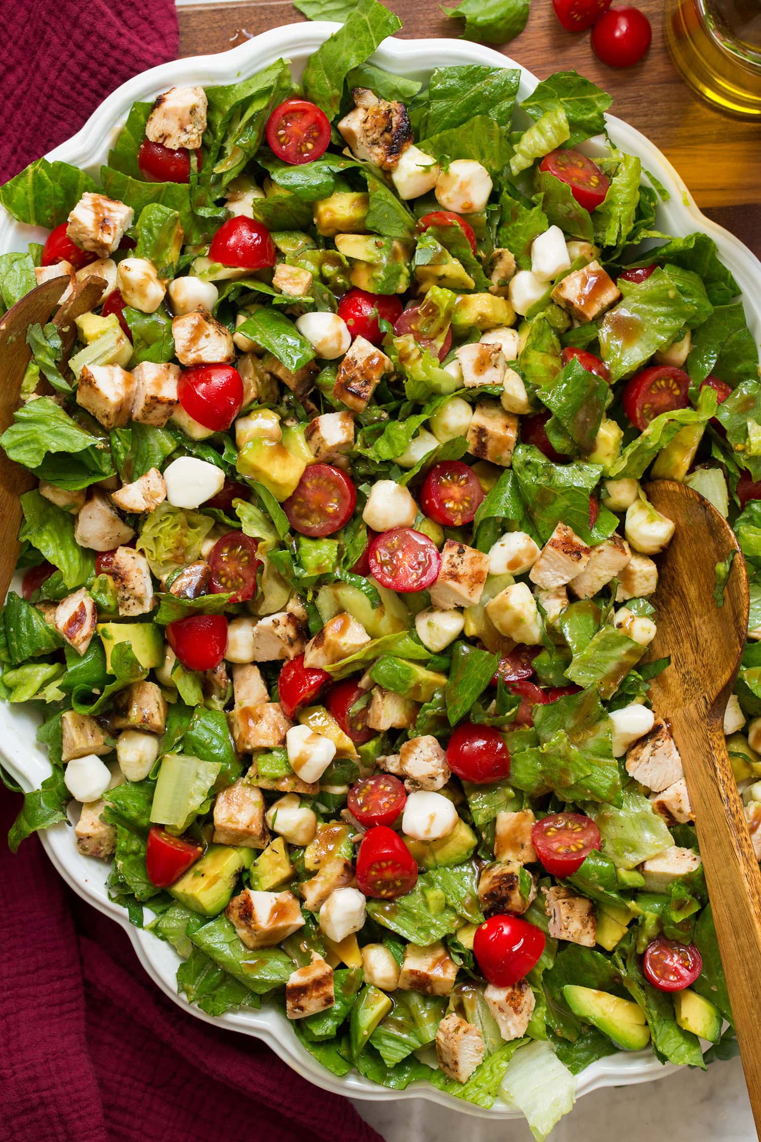 Caprese Chopped Salad Caprese chopped salad shown after tossing together. Shown close up to see textures.