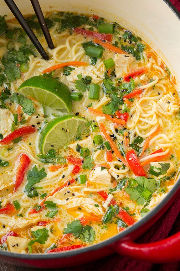 Thai Chicken Ramen in large pot with chopsticks
