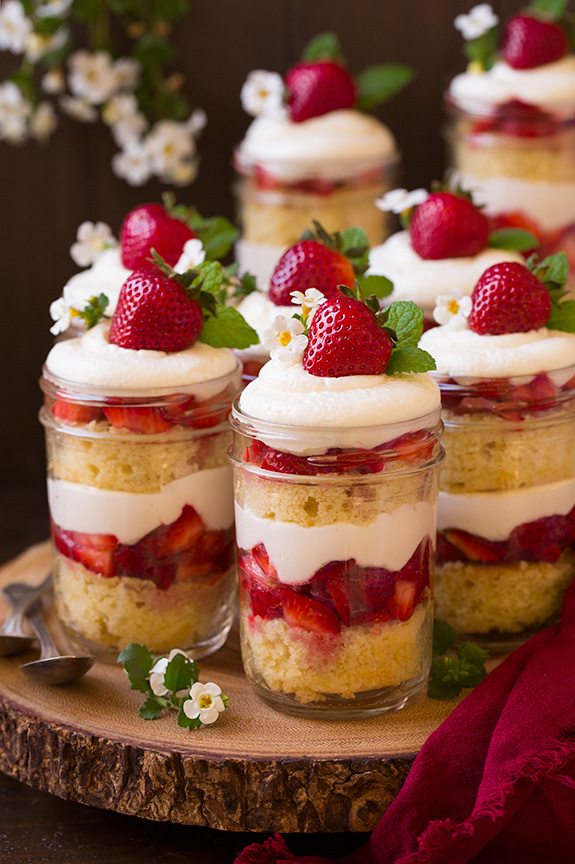 Strawberry Shortcake Trifles on wood serving board