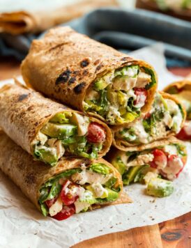 Stack of chicken caesar salad wraps