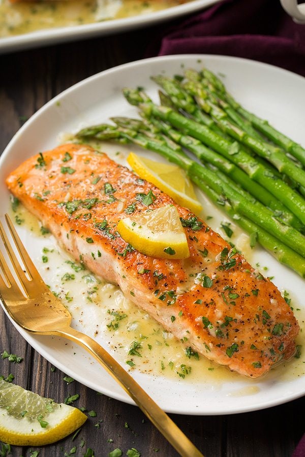 Close up image of single salmon fillet after cooking.