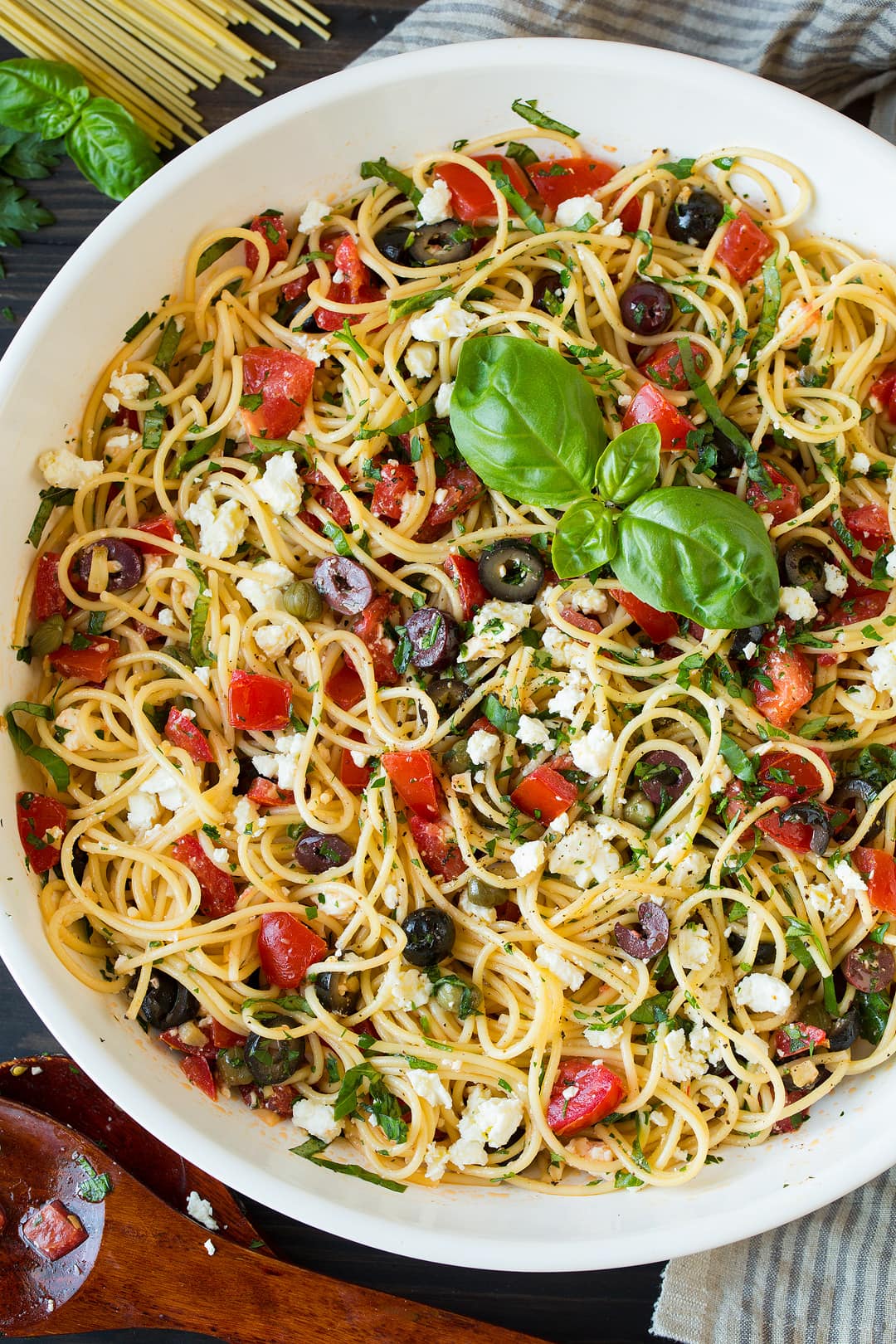 Overhead image of Greek pasta in a large serving bowl.