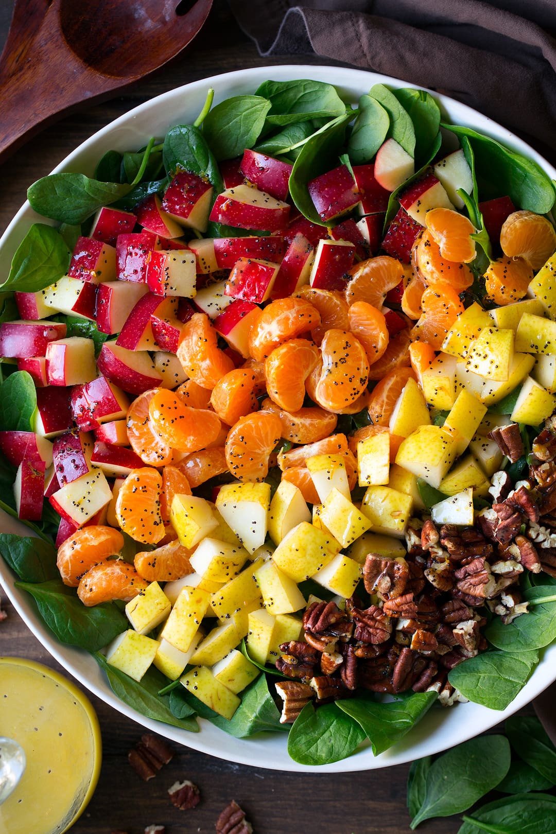 Apple Mandarin Orange Pear and Feta Spinach Salad with Orange Poppy Seed Dressing