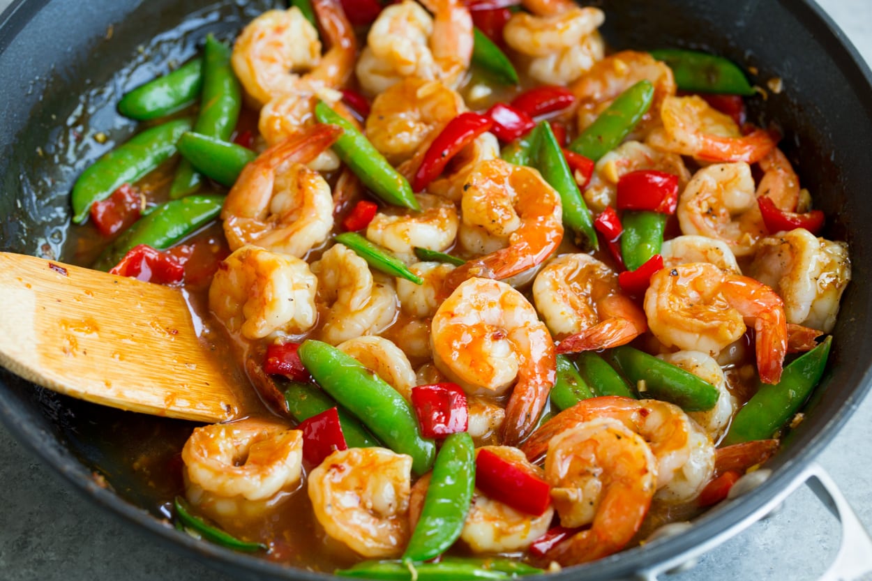 Orange Garlic Shrimp finishd product shown here in black non-stick skillet