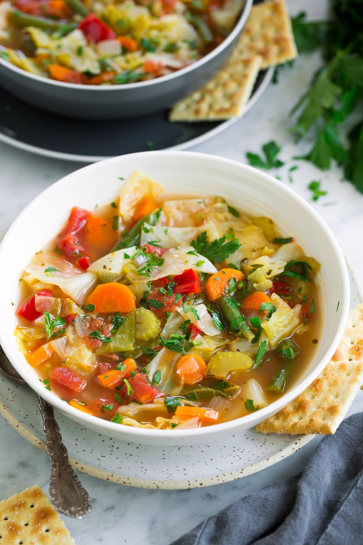 Single serving of easy homemade cabbage soup in a white bowl set over a white speckled plate with crackers to the side.