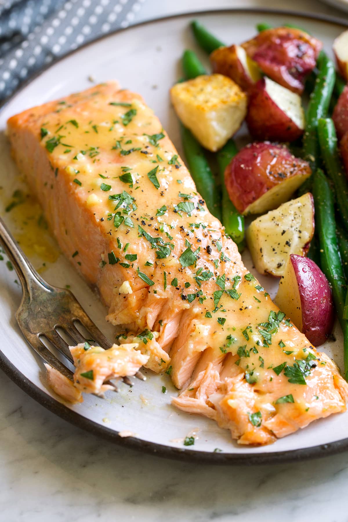 Flaked salmon fillet on a serving plate.