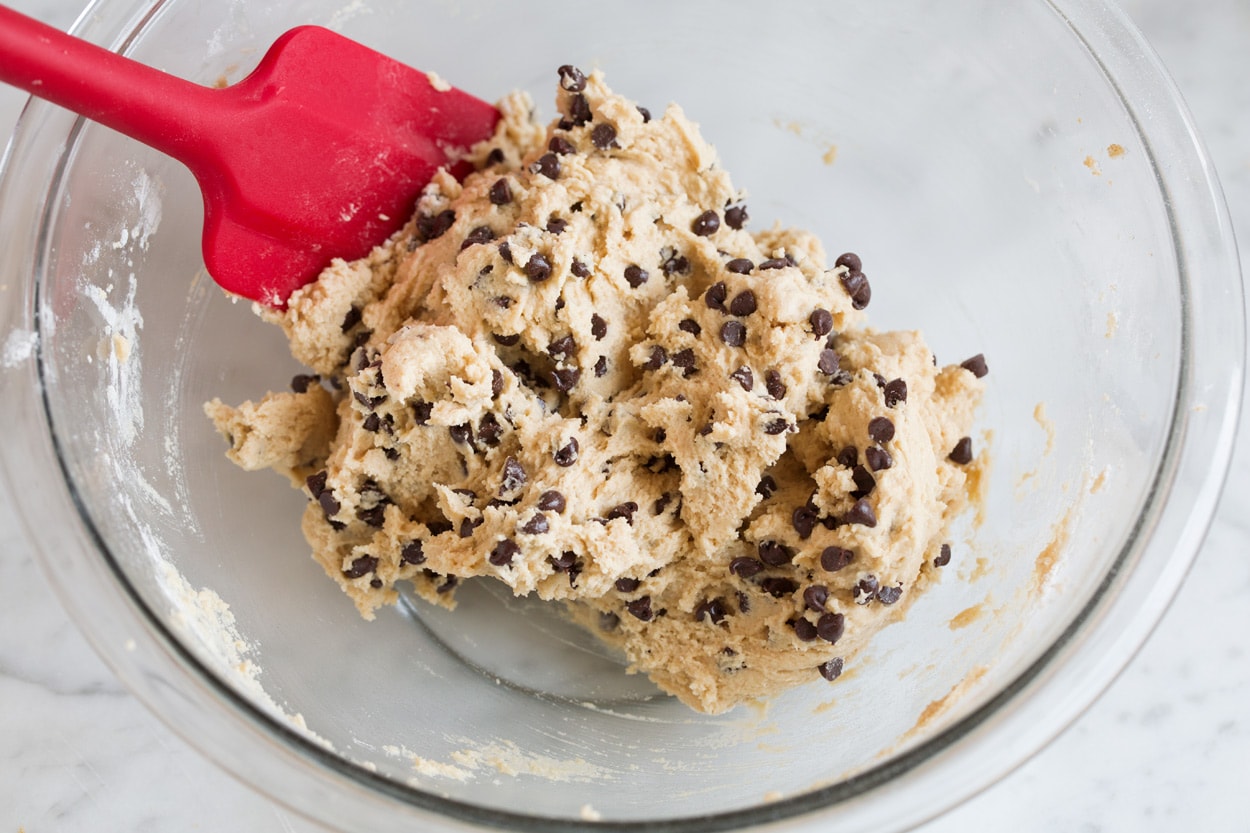 Finished edible chocolate chip cookie dough in mixing bowl