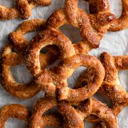 Pile of soft homemade auntie anne's style pretzels.