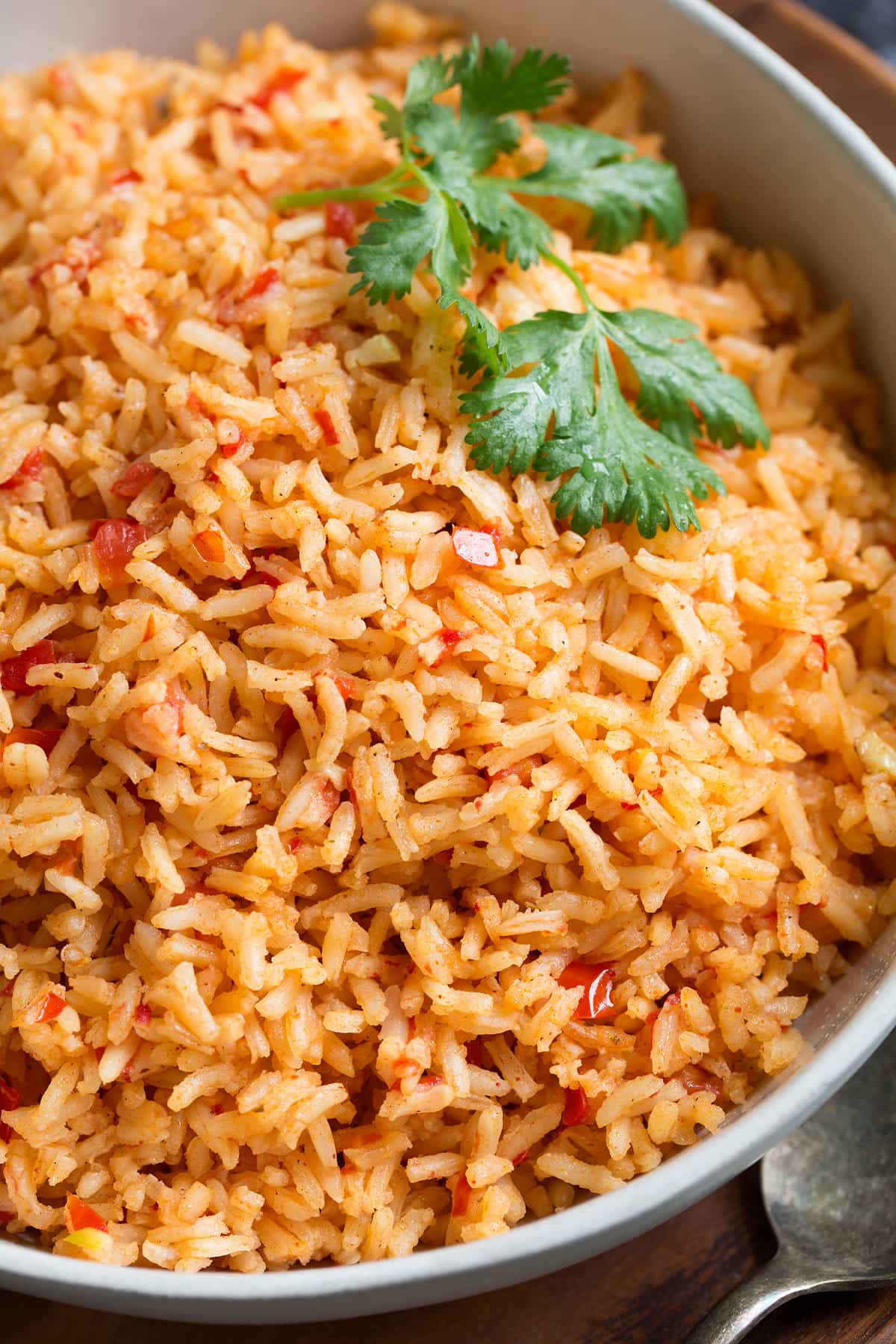 Close up of mexican rice in a bowl.
