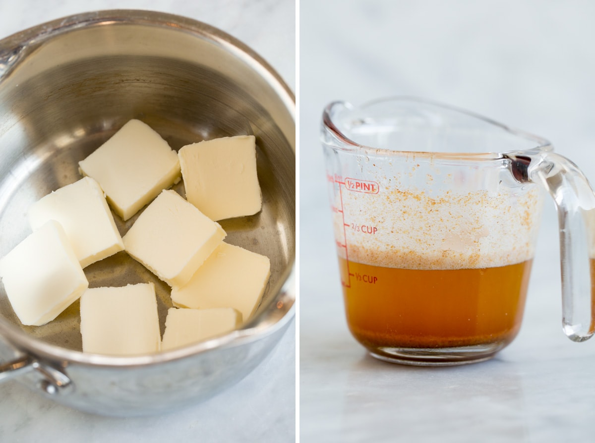 Mashed Sweet Potatoes - one of the best fall side dishes! These really are the best mashed sweet potatoes the secret ingredient is the browned butter! #mashedpotatoes #sweetpotatoes #sidedish #thanksigving Image on the left showing butter diced in a saucepan then second image to the right showing browned butter in a liquid measuring cup.
