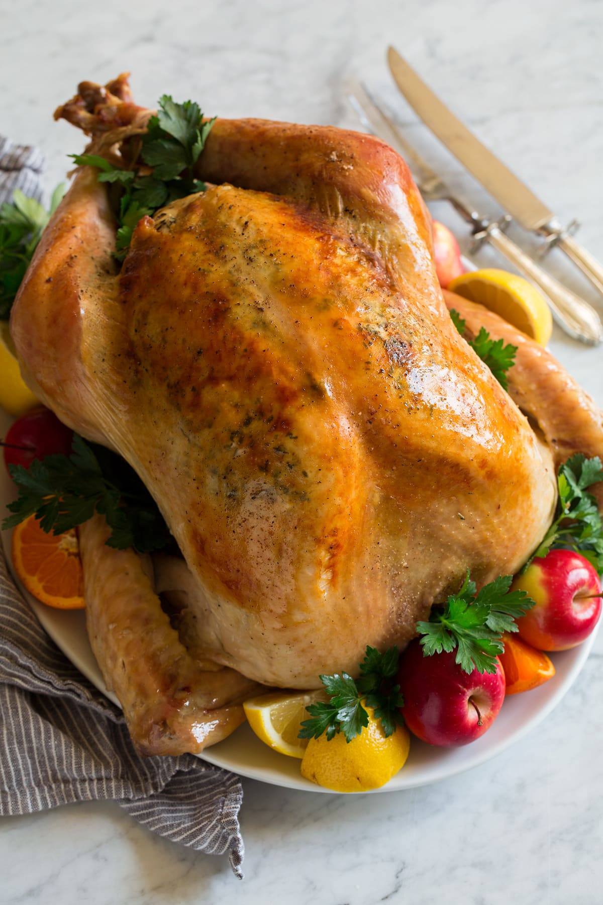 Turkey on a serving platter with fruit and fresh herbs.