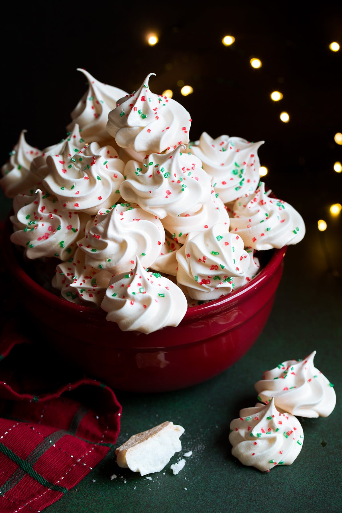 meringue cookies with Christmas sprinkles.