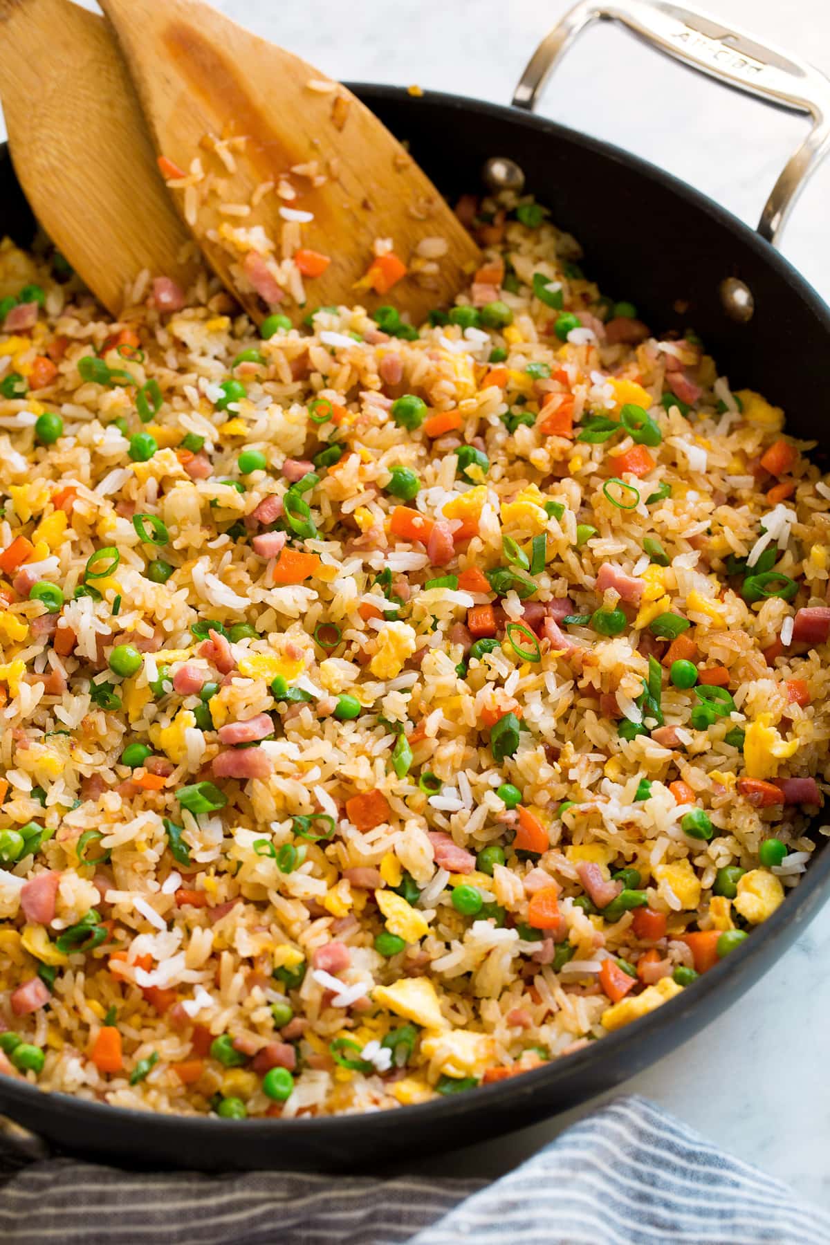 Fried Rice Close up side view of fried rice in a skillet.