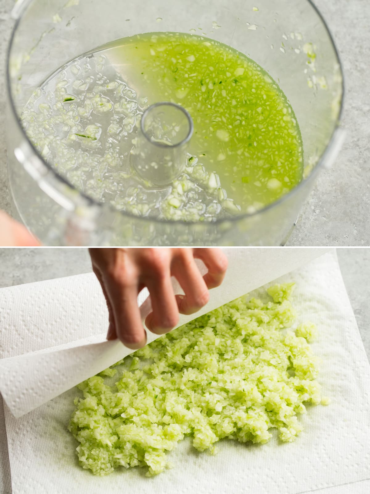 Homemade Tzatziki Sauce Image showing cucumber juice to leave behind in food processor, and straining cucumbers to remove liquid on paper towels.