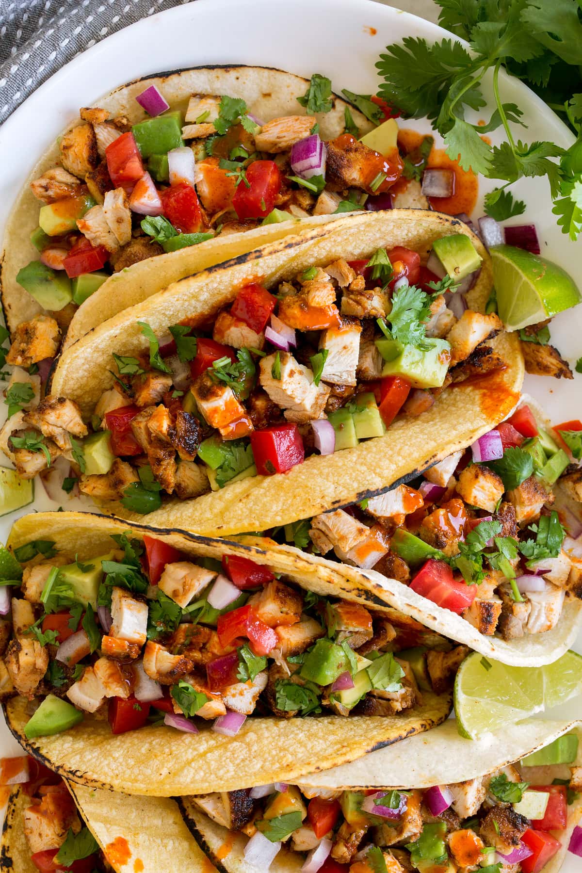 Chicken Tacos Close up image of chicken tacos in corn tortillas with various toppings such as onions, cilantro and tomatoes.
