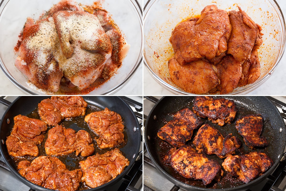 Chicken Tacos Collage of four images showing steps to preparing and cooking chicken for tacos. Shows tossing chicken with spices in a bowl and searing in a large non-stick skillet.