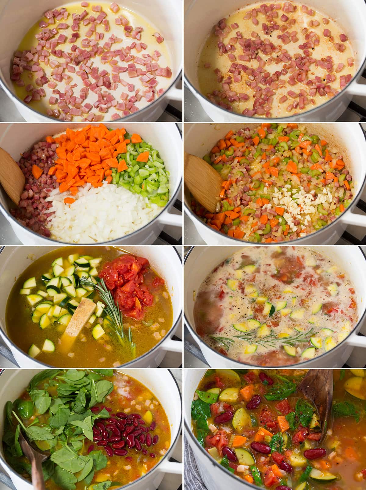 Minestrone Soup Collage of eight images showing steps to make minestrone soup in a pot on the stovetop.