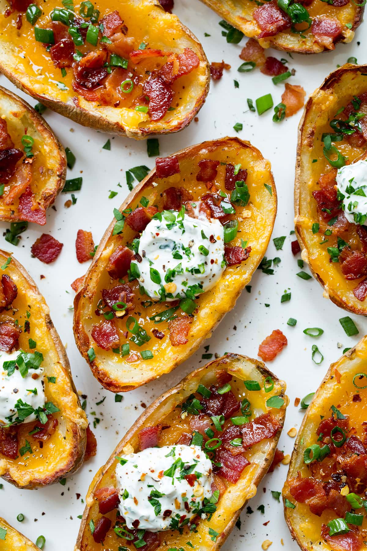 Potato Skins Close up photo of potato skins.