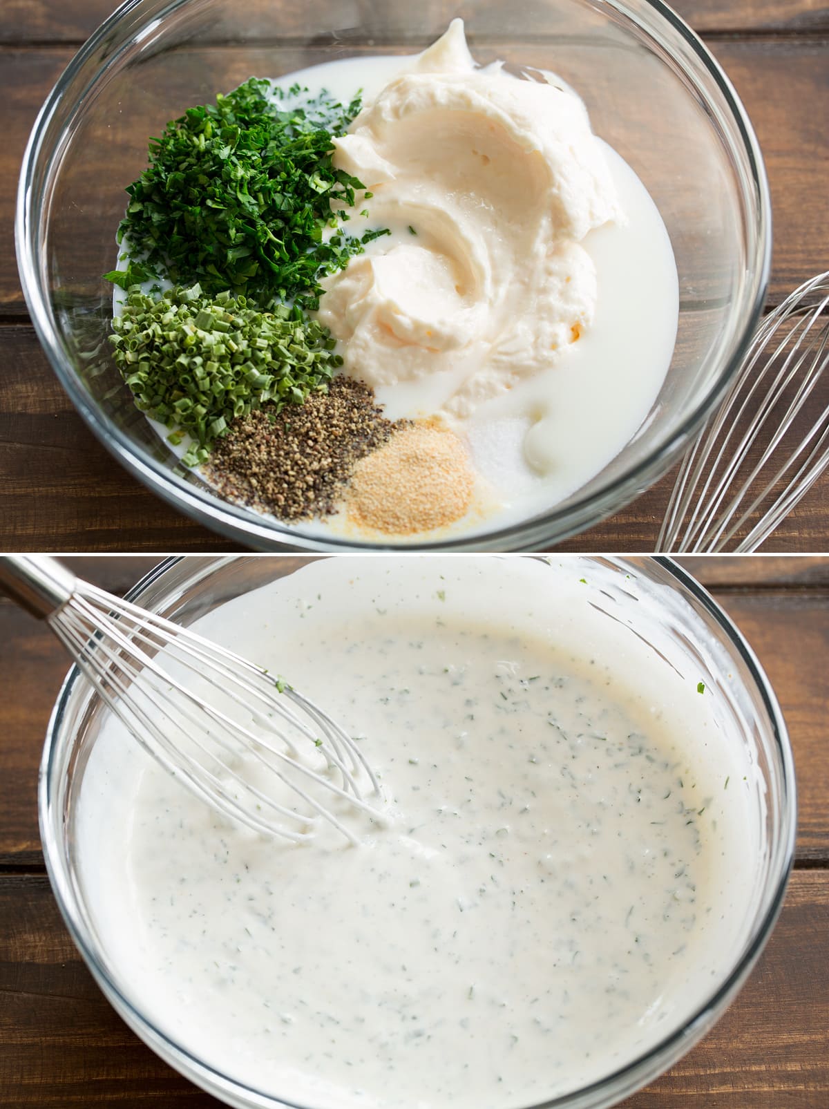 Ranch Dressing Collage of two photos showing ranch dressing in a mixing bowl before and after mixing ingredients together.
