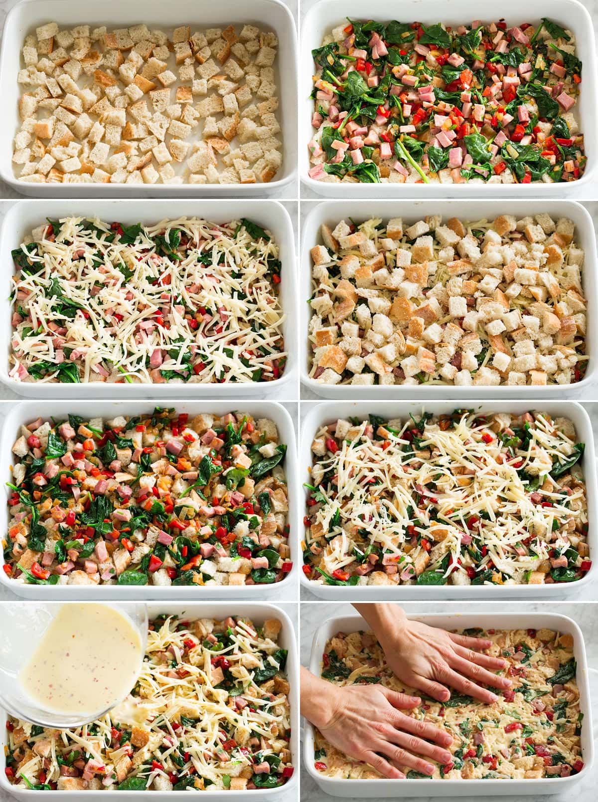 Strata Collage of eight photos showing how to layer a strata in a casserole dish.
