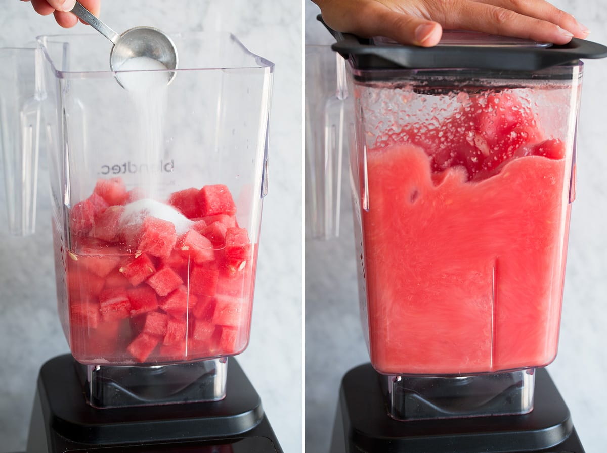 Aqua Fresca Photo: Aqua fresca ingredients in blender shown before and during blending.
