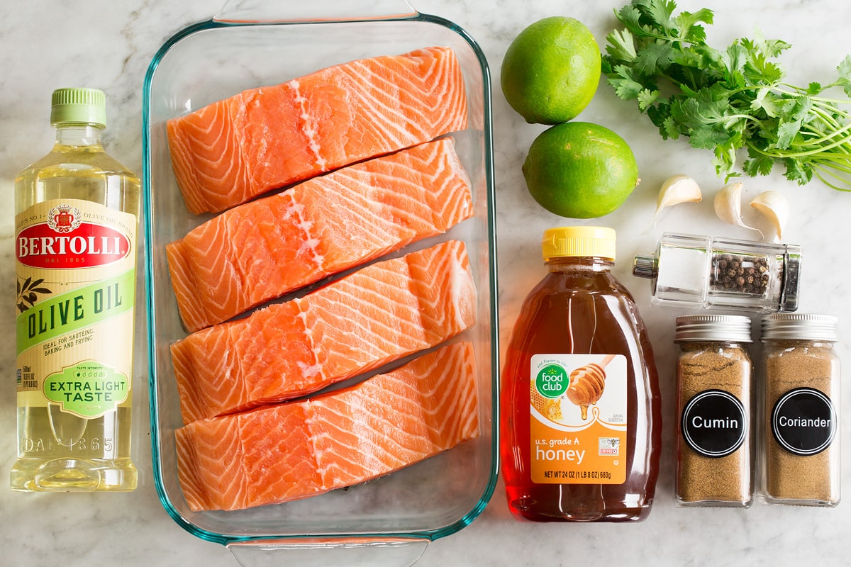 Broiled Salmon Overhead photo of ingredients used to make broiled salmon with honey, lime, olive oil, garlic, cilantro and spices.