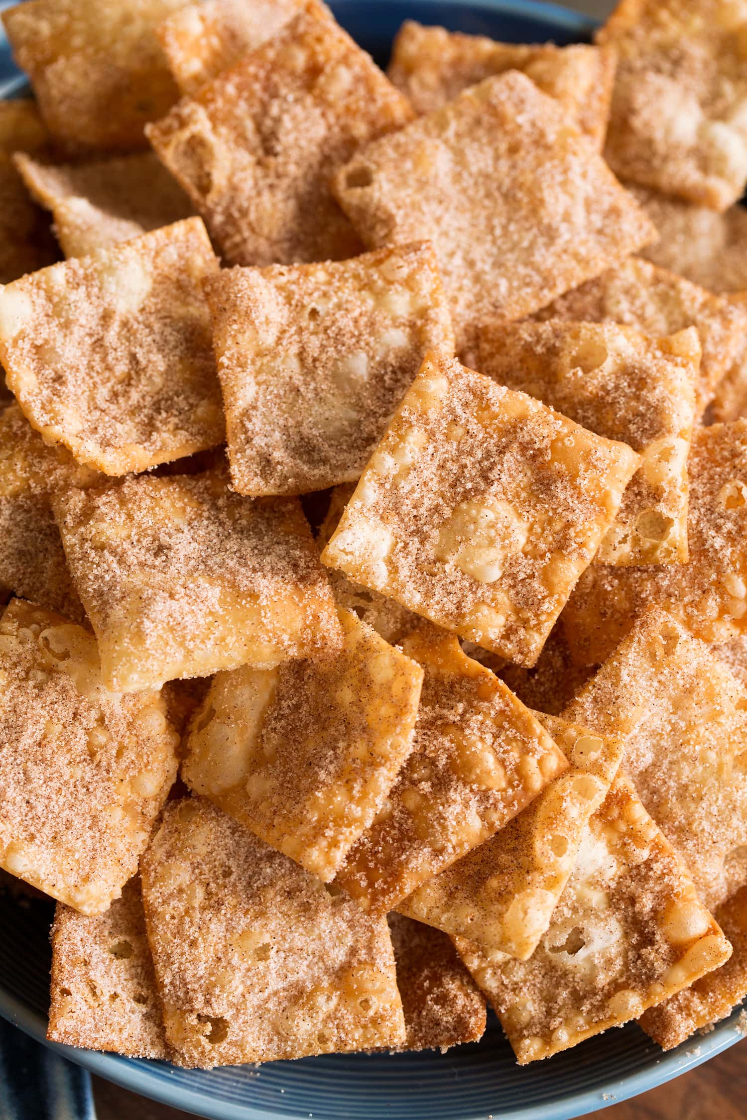 Fried Wonton Strips Cinnamon sugar covered wonton chips shown close up.