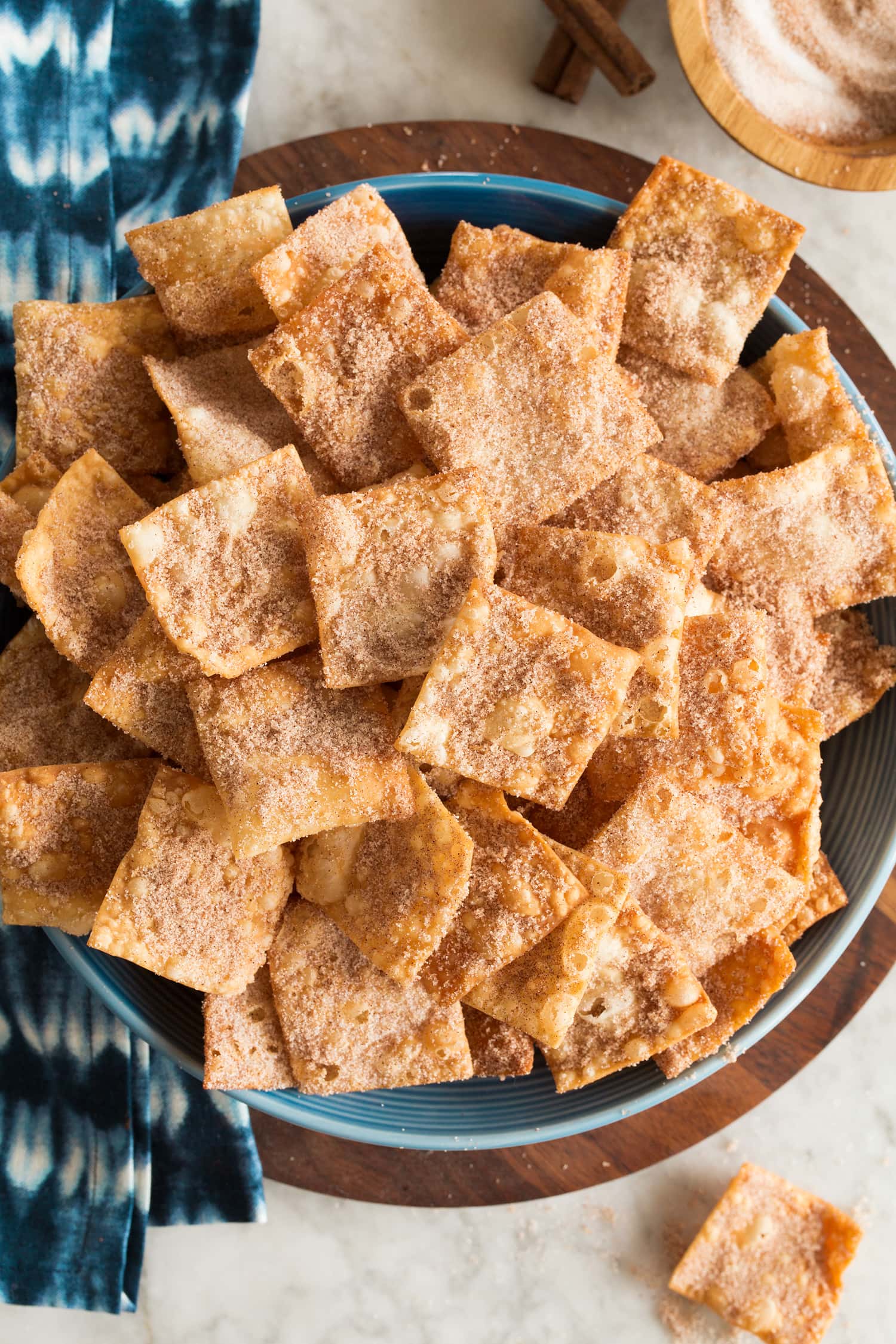 Fried Wonton Strips Cinnamon sugar wonton chips shown from above.