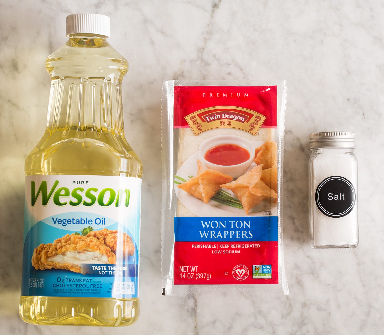 Fried Wonton Strips Ingredients needed to make fried wonton strips.