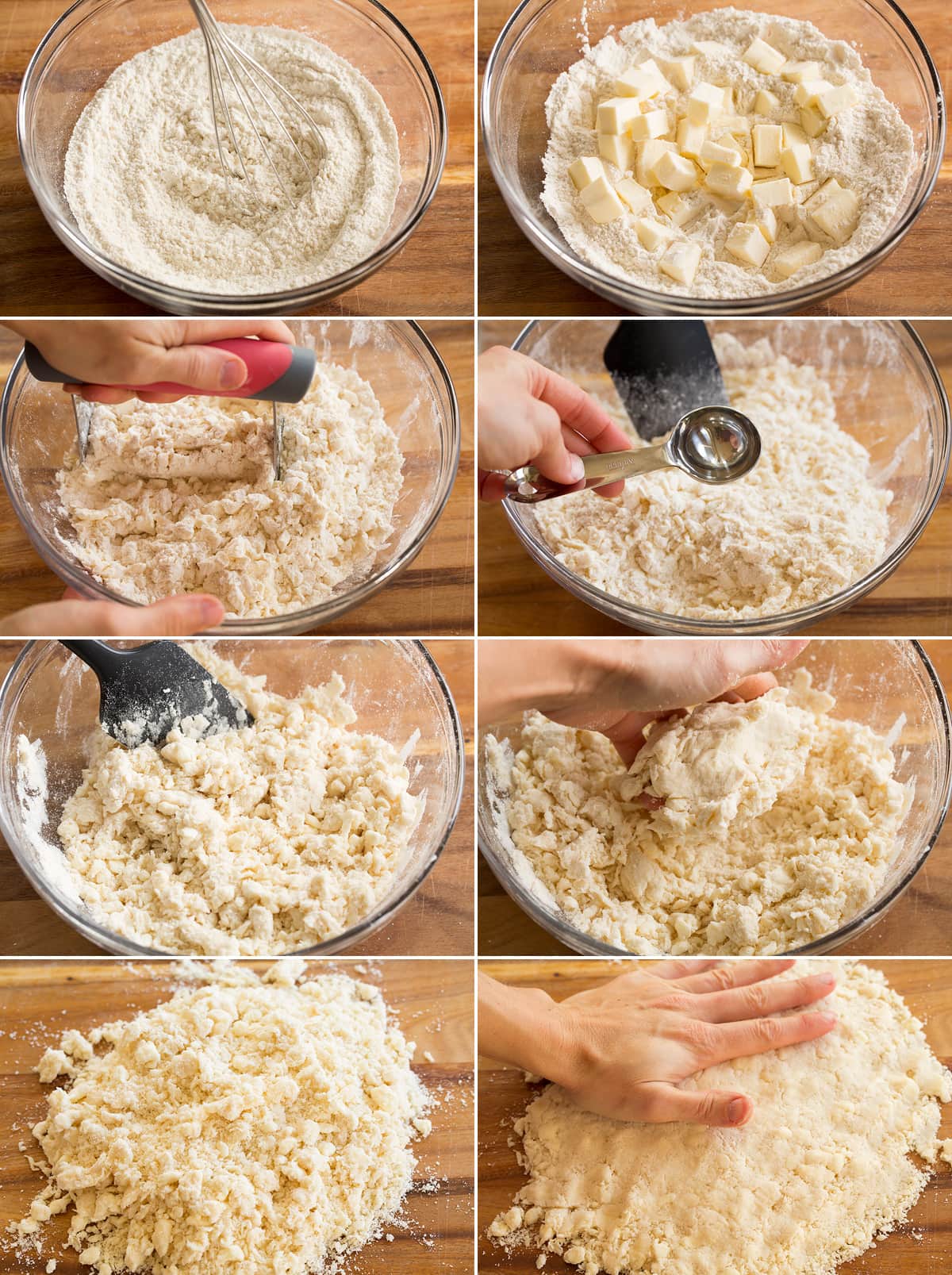 Pie Crust Collage of eight images showing how to prepare pie crust dough.