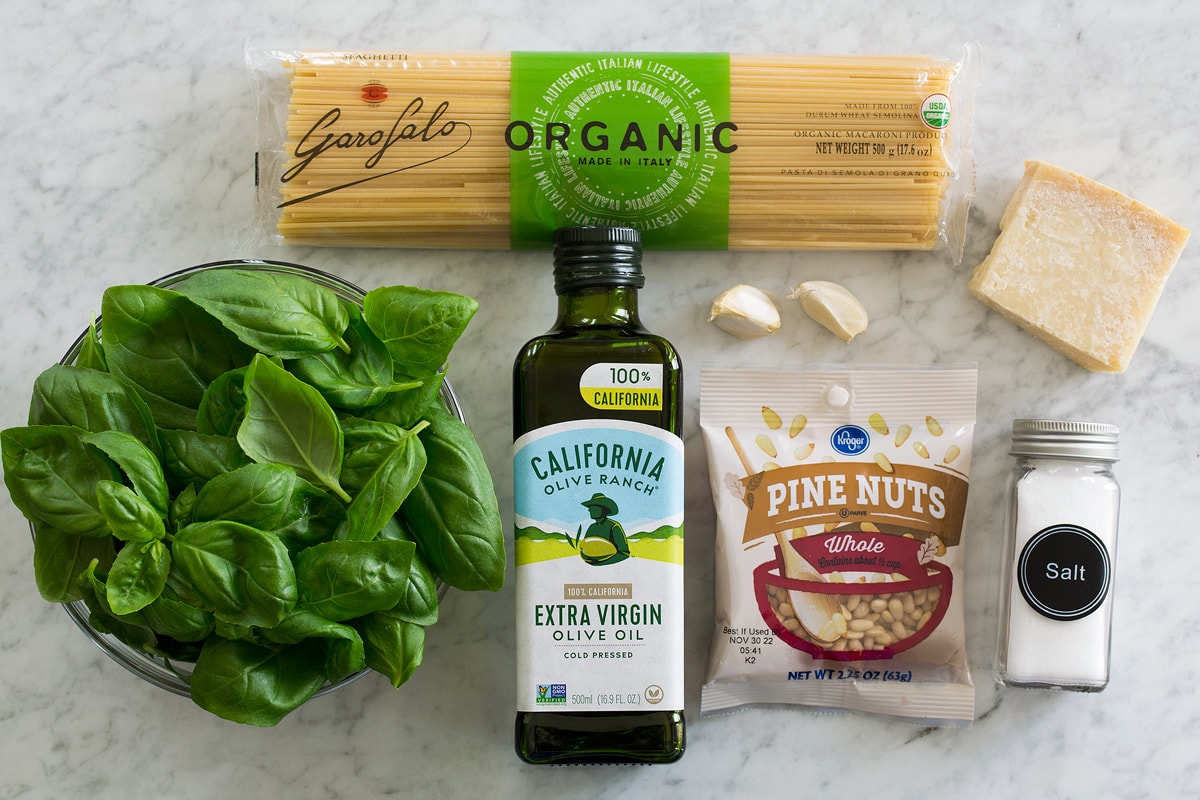 Pesto Pasta Photo of ingredients used to make homemade pesto pasta.
