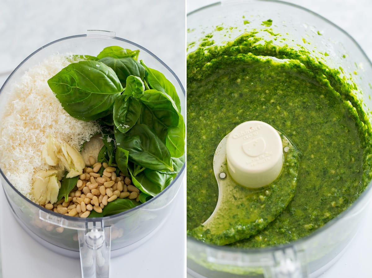 Pesto Pasta Collage of two photos showing pesto ingredients in a food processor before and after blending.