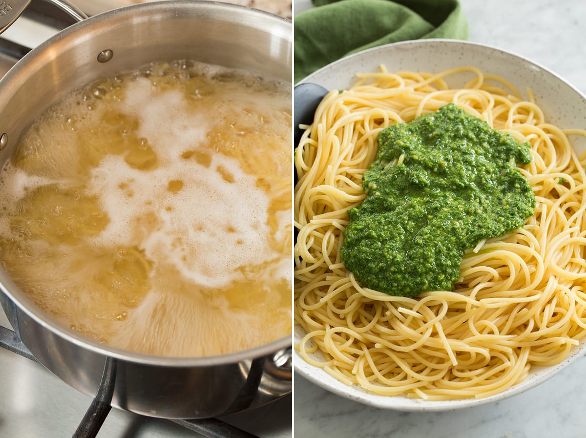 Pesto Pasta Photos of pasta being boiled in a pot then being tossed with fresh homemade pesto in a bowl.