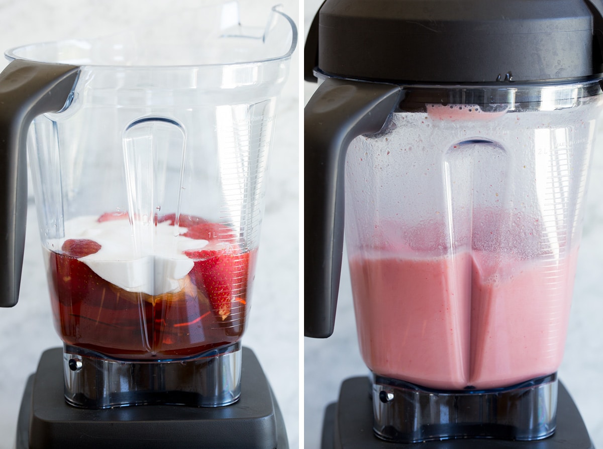 Pink Drink Recipe Two photos showing pink drink before and after blending in a blender.