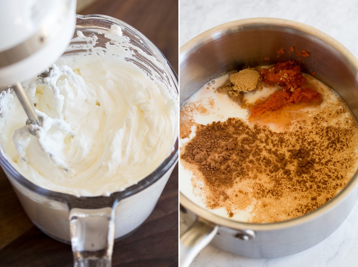 Pumpkin Spice Latte Image showing how to make whipped topping for latte. Then mixing ingredients in saucepan for pumpkin spice latte.