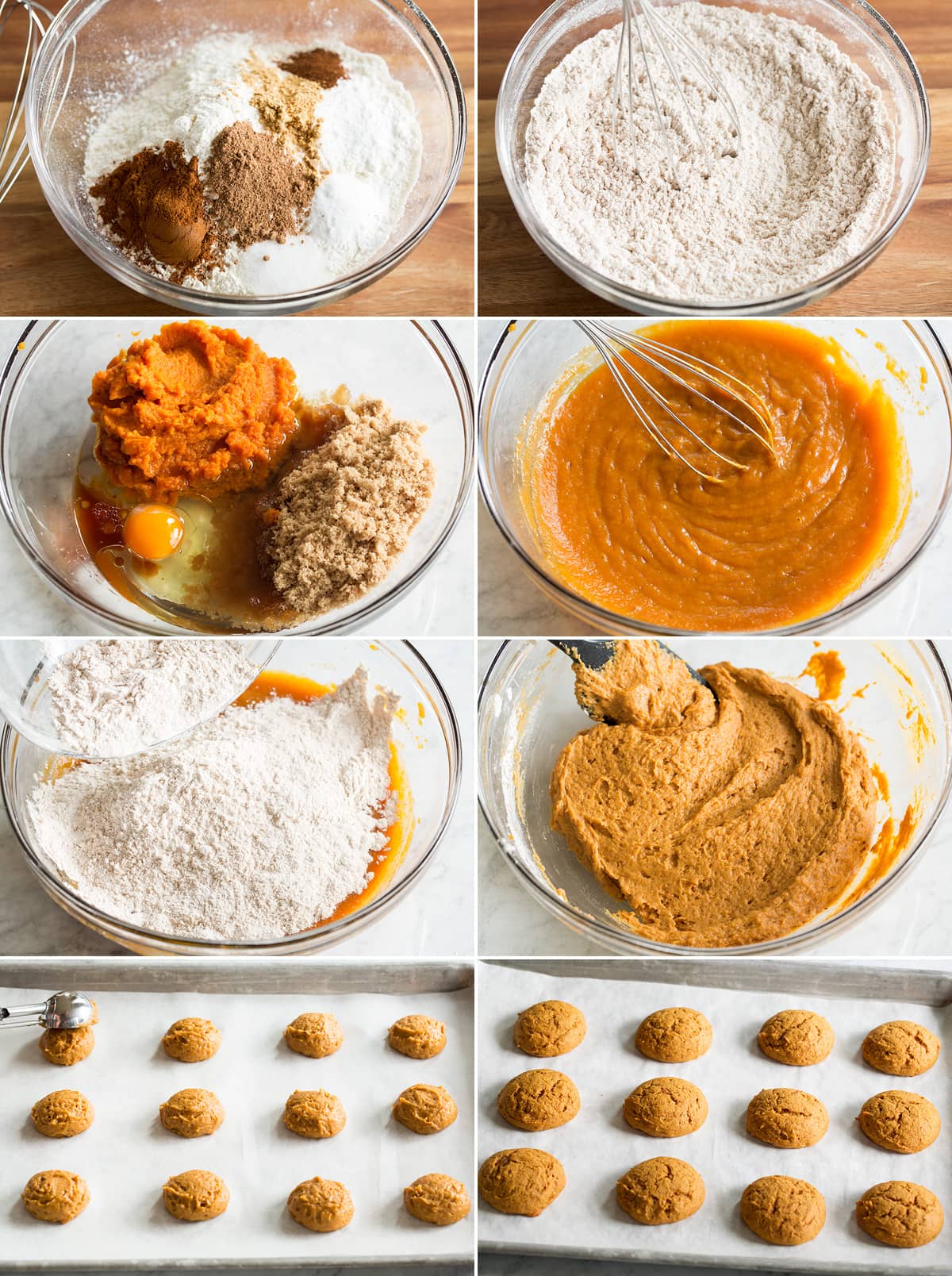 Pumpkin Whoopie Pies Steps of making pumpkin whoopie pie cookie dough and baking cookies on baking sheet.