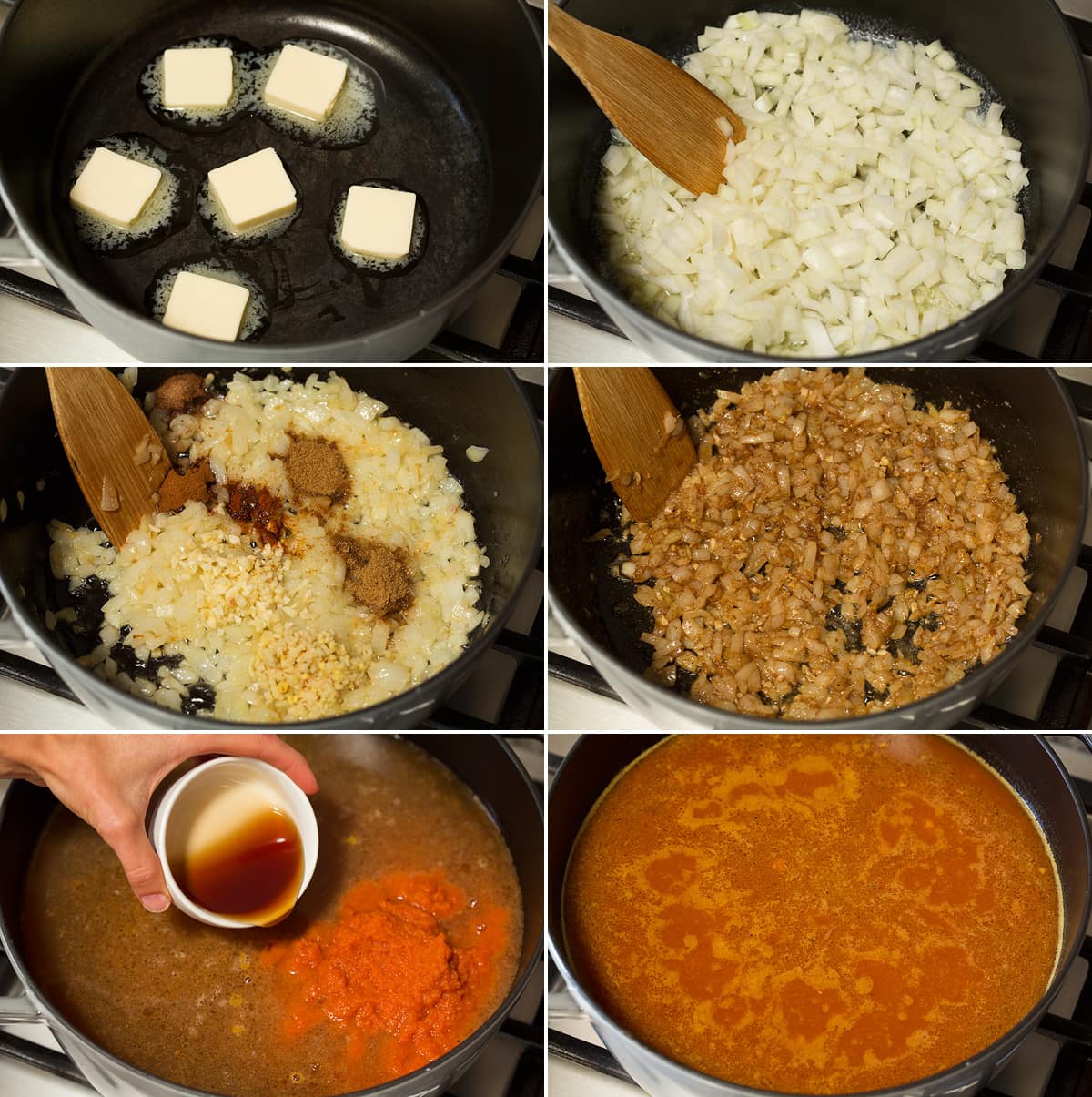 Pumpkin Soup Six photos showing steps of sauteeing vegetables and spices in butter and adding pumpkin puree and broth to soup.