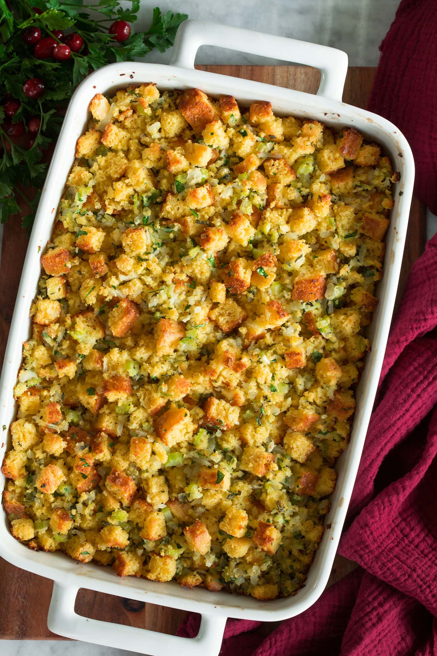 Cornbread Stuffing Overhead photo of cornbread stuffing.