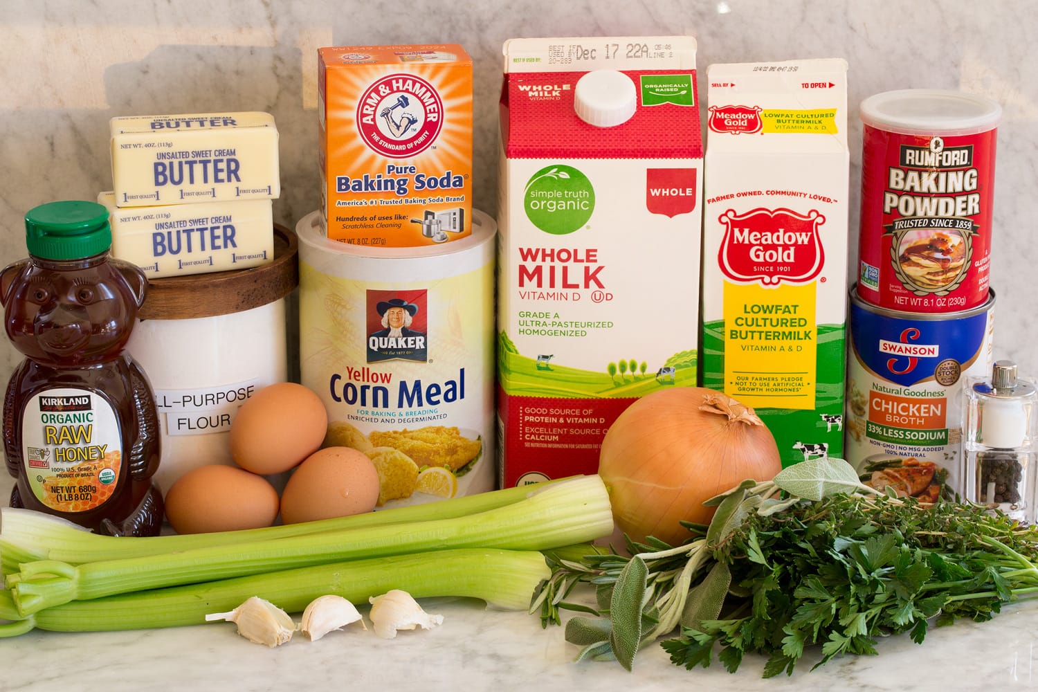 Cornbread Stuffing Cornbread stuffing ingredients.