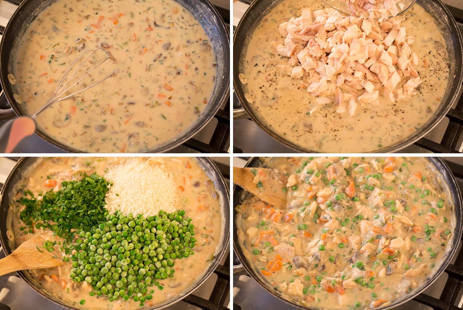 Chicken Pot Pie with Puff Pastry Steps of making pot pie sauce and fillings.