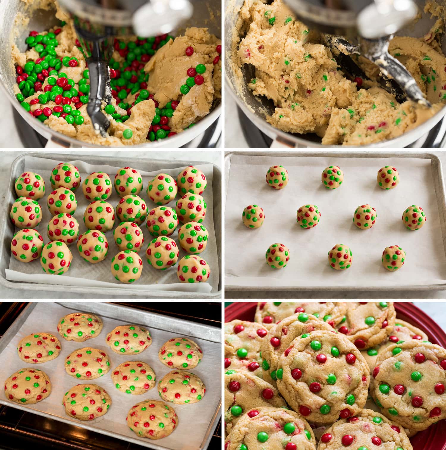 M&M Cookies Six photos showing how to complete mm cookie dough, roll, bake and finished.