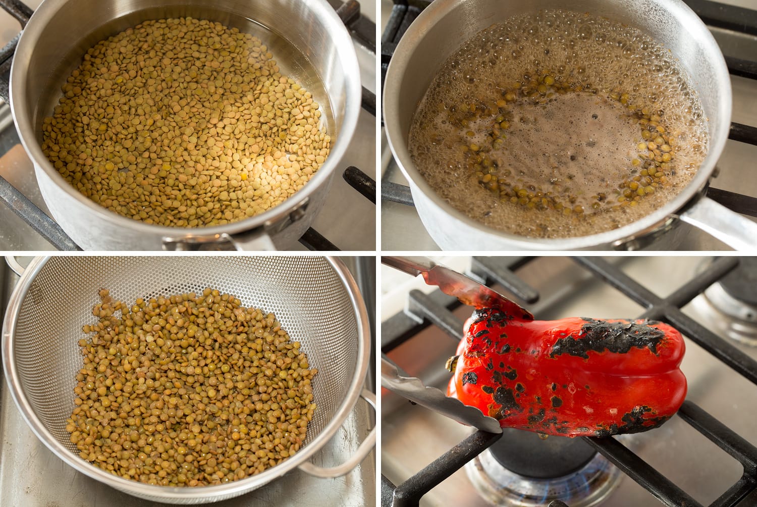 Lentil Salad Steps of cooking lentils and roasting bell pepper.