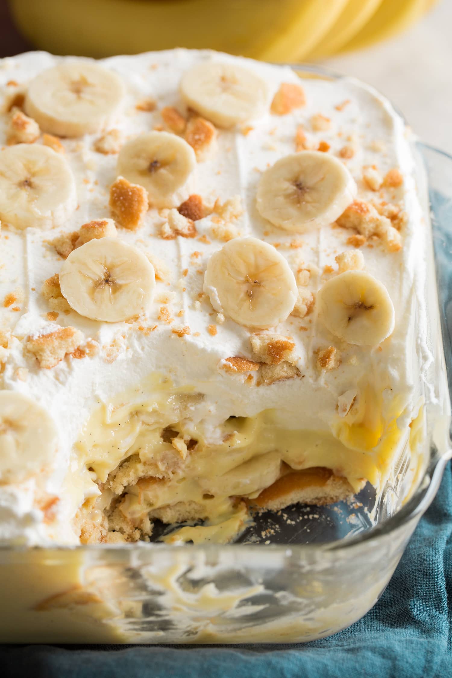 Banana Pudding Close up photo showing layers in homemade banana pudding.