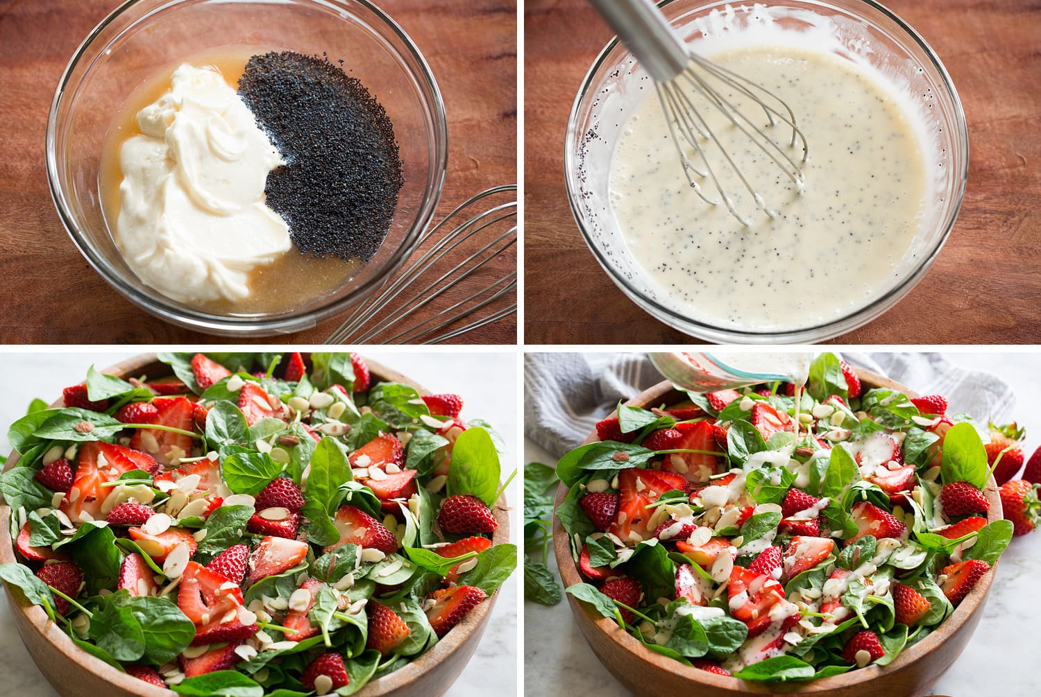 Strawberry Spinach Salad Steps of making strawberry spinach salad.