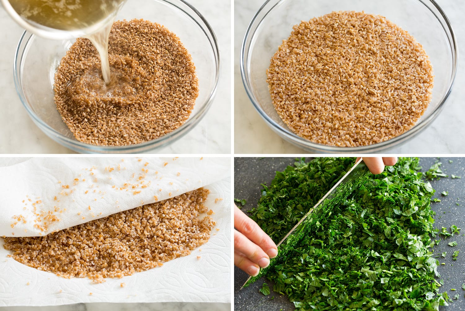 Tabbouleh Steps of making tabbouleh and dressing.