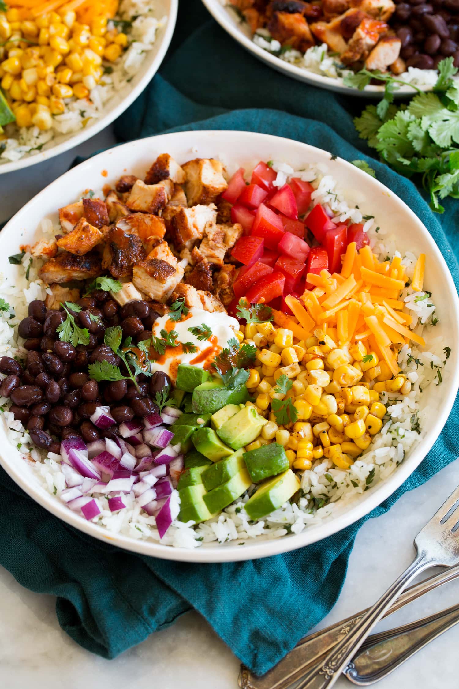 Chicken Burrito Bowls Chicken burrito bowl with cilantro lime rice.