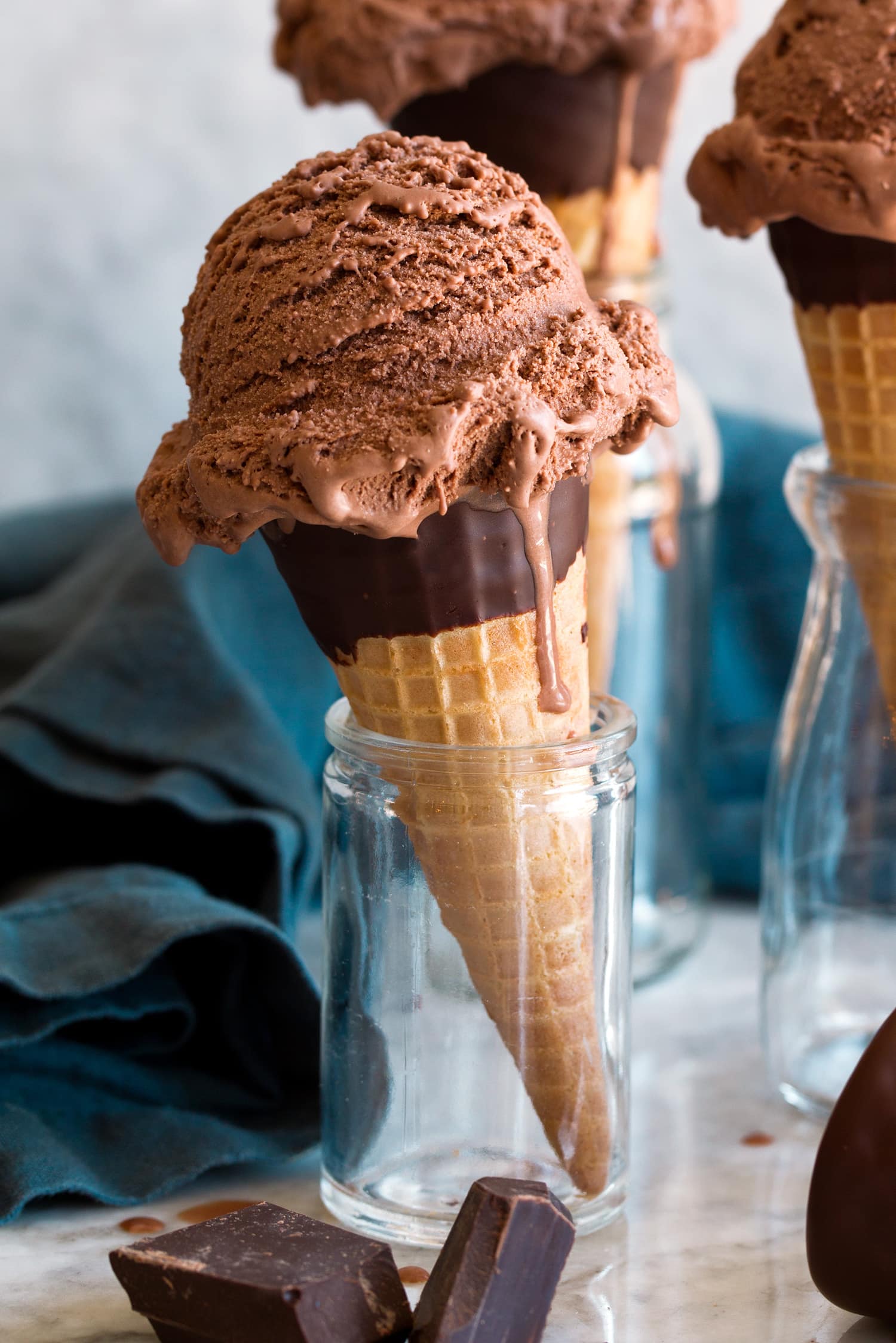 Chocolate Ice Cream Scoop of homemade chocolate ice cream shown on a chocolate dipped ice cream cone.