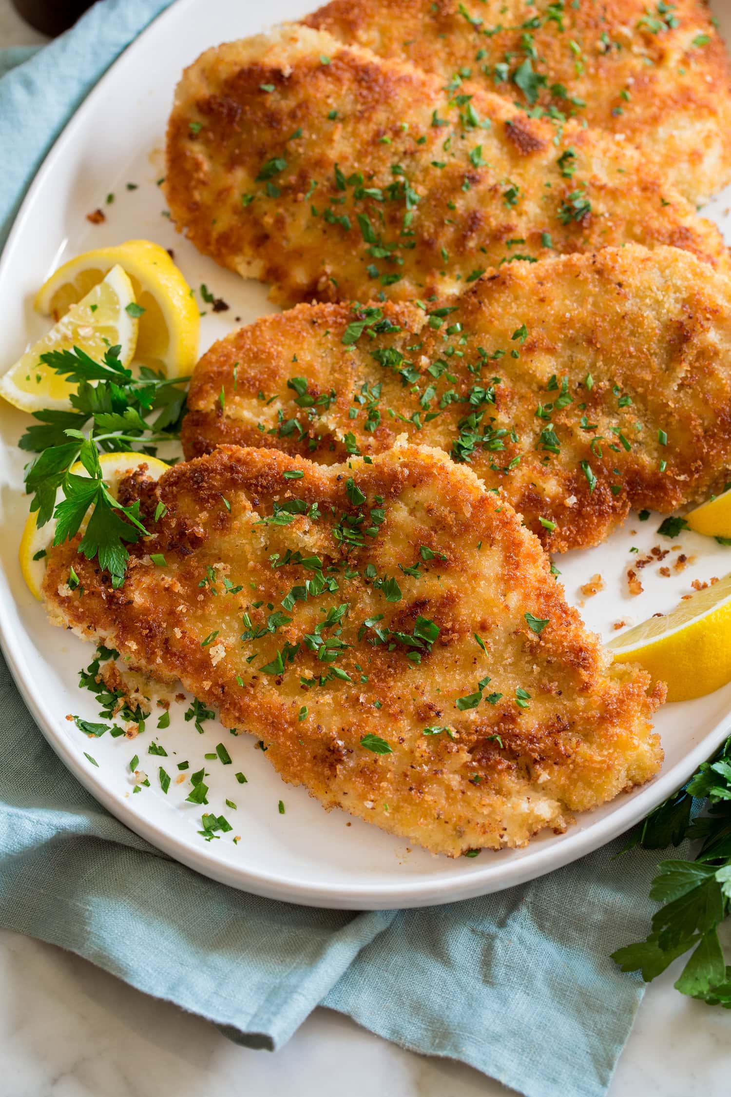 Close up chicken schnitzel photo.